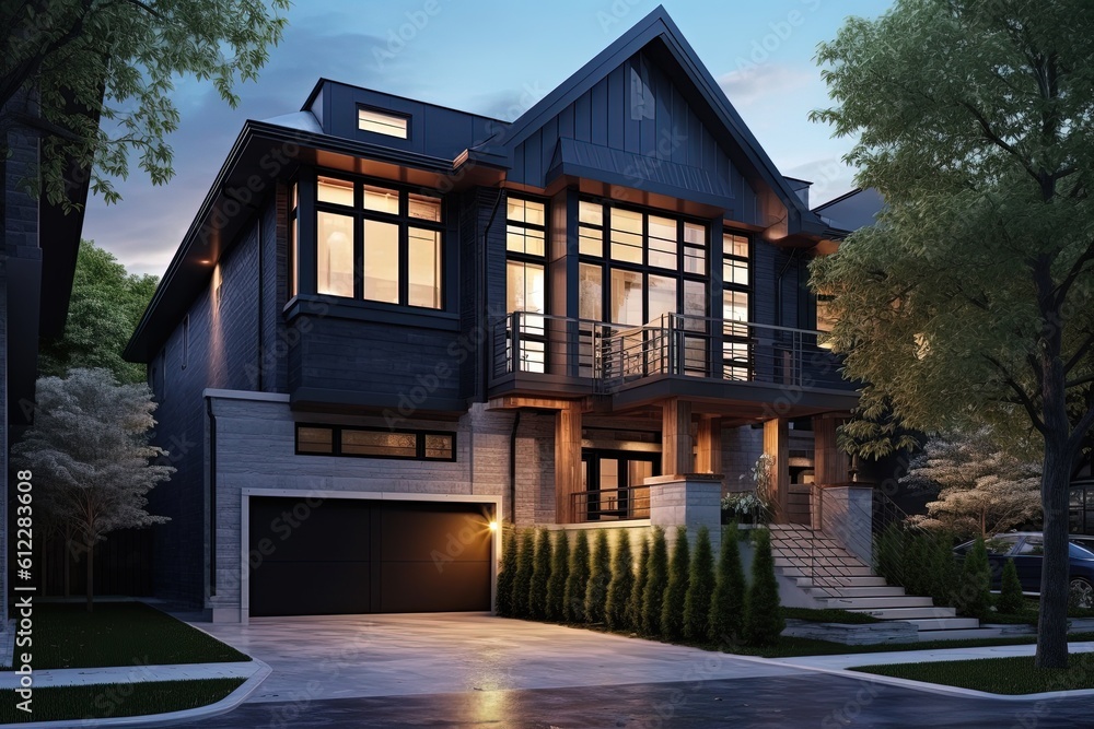 Cutting-Edge Styling and Distinguished Features of a Modern Development Property: A Two-Car Garage, Dark Blue Siding, and Natural Stone Staircase, generative AI