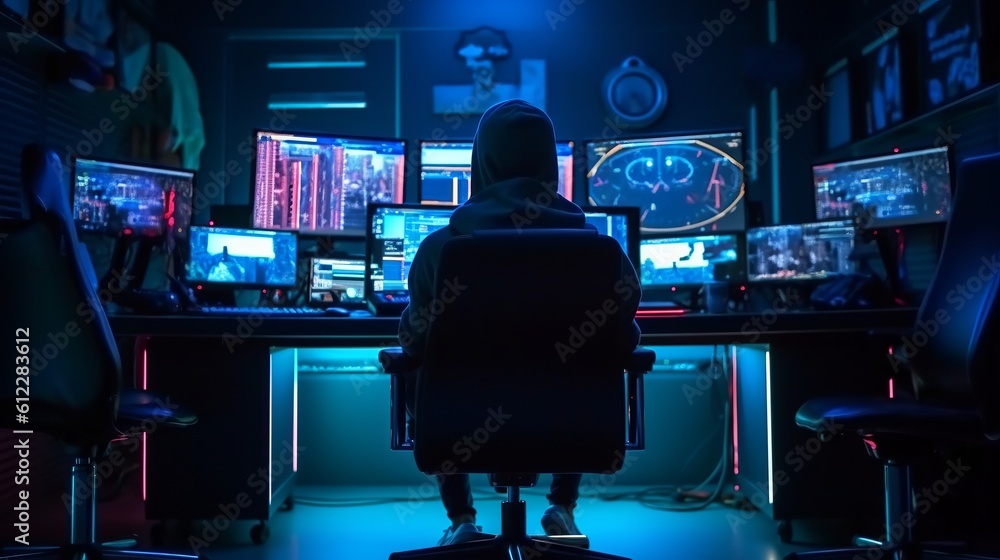 Hacker doing cyber crime business on computer desk background. Generative AI technology. Hacker doing cyber crime business on computer desk background. Generative AI technology.