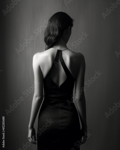 Modern fashion full body portrait of young pretty fashion girl standing and posing, black and white concept. Generative AI.