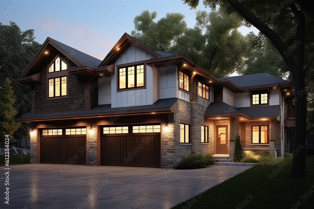 Cutting-Edge Styling Meets Distinguished New Development Property With Two-Car Garage, Brown Siding, and Natural Stone Staircase, generative AI