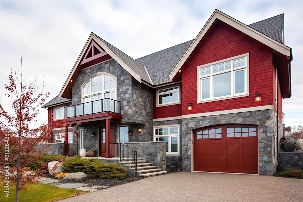 Newly Built House with Sleek Styling, Double Garage, Natural Stone Porch, and Eye-catching Red Siding, generative AI Newly Built House with Sleek Styling, Double Garage, Natural Stone Porch, and Eye-catching Red Siding, generative AI