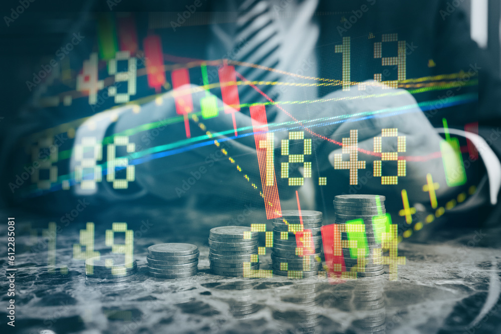 Stock market data on digital LED display. A daily market price and quotation of prices chart and candle stick tracking for Forex trading. Stock market data on digital LED display. A daily market price and quotation of prices chart and candle stick tracking for Forex trading.