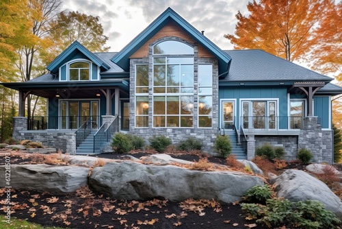 Newly Built Home: Sleek Styling, Natural Stone Porch, Double Garage & Light Blue Siding, generative AI