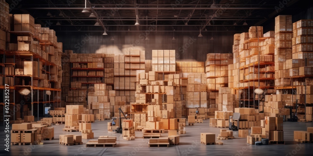 Logistics Warehouse full of Cardboard Boxes, Sorting and Distribution Facility for Delivery Service. Generative Ai - obrazy, fototapety, plakaty 