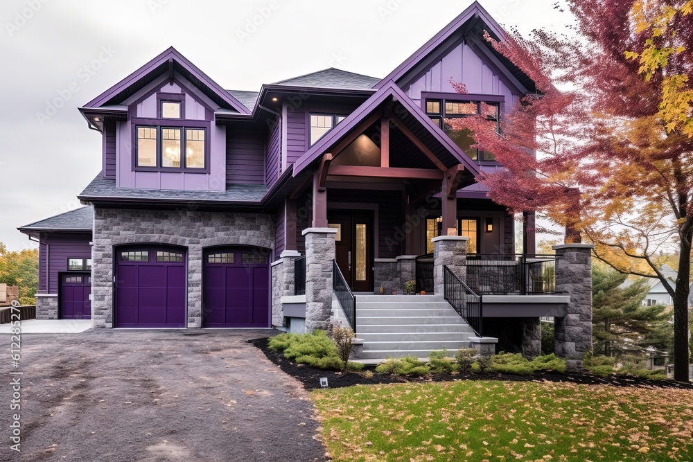 Sleek Styling Meets Enchanting Design: A Recently Built Home with a Double Garage, Beautiful Purple Siding, and Natural Stone Porch, generative AI