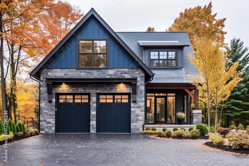 Double-Garage Enchanting House with Sleek Styling, Dark Blue Siding, and Natural Stone Porch, generative AI