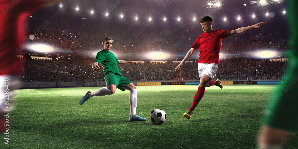 Active men, football players in motion, dribbling ball during game at 3D stadium with flashlights. Blurred fans cheering team. Concept of professional sport, championship, game, achievement
