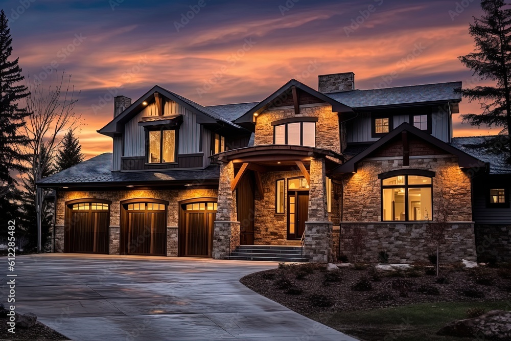 Sophisticated Design Meets Exquisite New Construction: A Unique Three-Car Garage Property with Bronze Siding and Natural Stone Pillars, generative AI