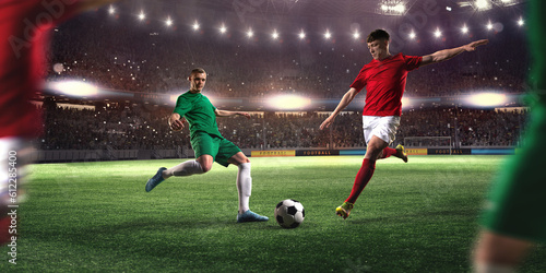 Active men  football players in motion  dribbling ball during game at 3D stadium with flashlights. Blurred fans cheering team. Concept of professional sport  championship  game  achievement