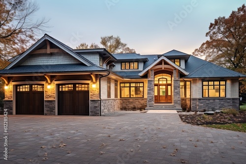 Sophisticated Design & Exquisite Features: New Construction Property with Three-Car Garage, Light Green Siding, and Natural Stone Pillars, generative AI