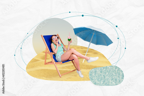 Poster creative illustration pop pinup sketch picture image collage of cheerful lady sitting lying chair chatting friends enjoy all inclusive