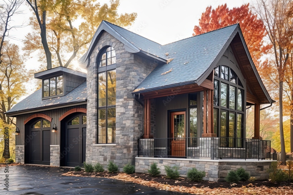 Sophisticated Design and Green Features: A Stunning New Construction Property with Natural Stone Pillars and Roomy Three-Car Garage, generative AI