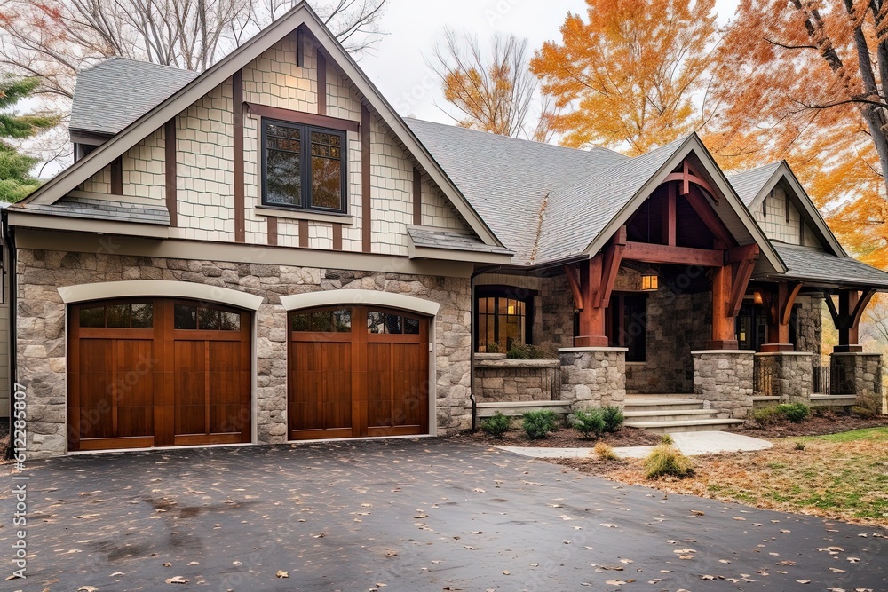 Sophisticated Design and Three-Car Garage on Exquisite New Construction Property with Natural Stone Pillars and Mint Green Siding, generative AI