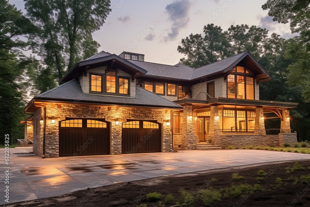 Sophisticated Design and Three-Car Garage Complement Exquisite New Construction Property with Light Green Siding and Natural Stone Pillars, generative AI