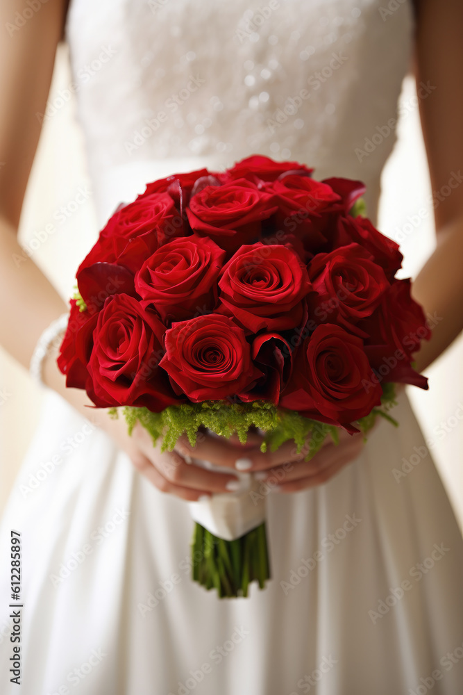 woman bride in wedding with white dress and bouquet of red roses. generative ai