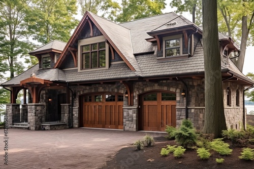 Sophisticated Design Meets Exquisite New Construction Property with Three-Car Garage, Green Siding, and Natural Stone Pillars, generative AI