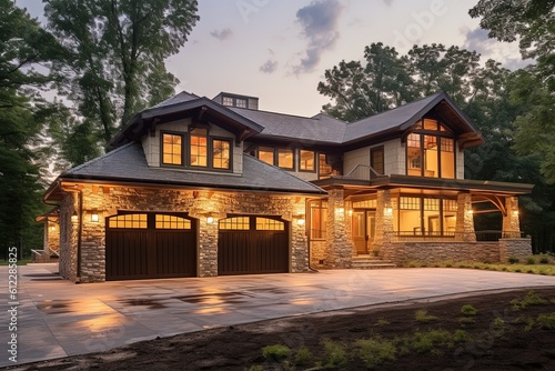 Sophisticated Design and Three-Car Garage Complement Exquisite New Construction Property with Light Green Siding and Natural Stone Pillars, generative AI