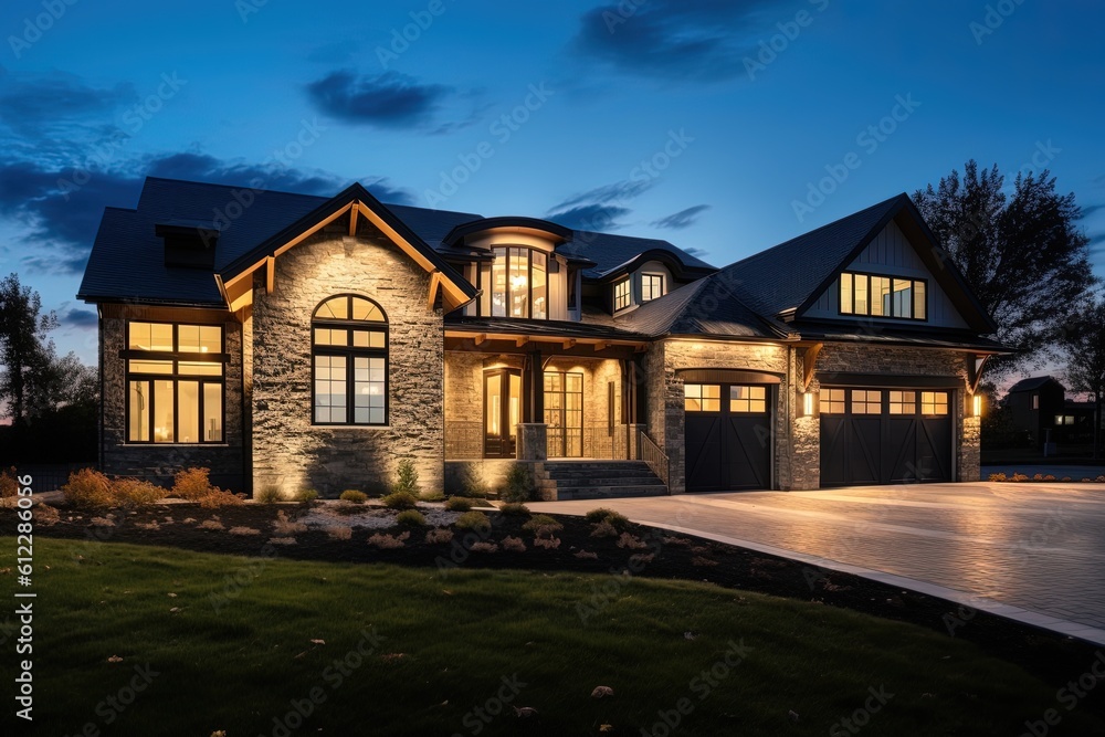 Sophisticated Design and Exquisite Features: Three-Car Garage, Navy Blue Siding, and Natural Stone Pillars, generative AI