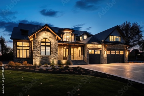 Sophisticated Design and Exquisite Features: Three-Car Garage, Navy Blue Siding, and Natural Stone Pillars, generative AI © Michael