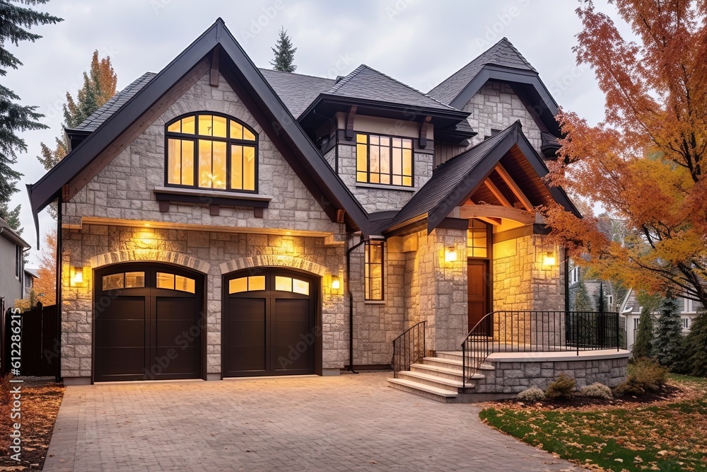 Cutting-Edge Architecture Meets Natural Stone Cladding in this Imposing Beige Residence with Single Car Garage, generative AI