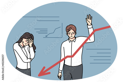 Depressed colleagues having financial problems at work. Unhappy stressed businesspeople draw declining graph experience bankruptcy and profits loss. Finance and banking. Vector illustration.