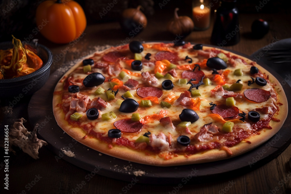 Tasty Halloween pizza, macro, closeup, Generative AI