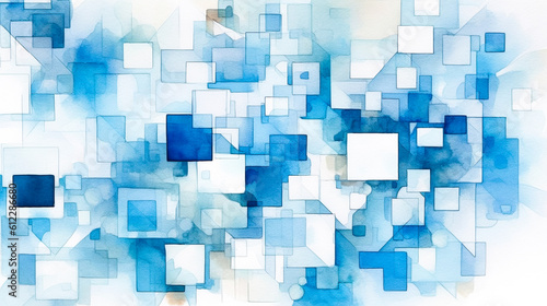 青い四角い模様の水彩背景 Generative AI