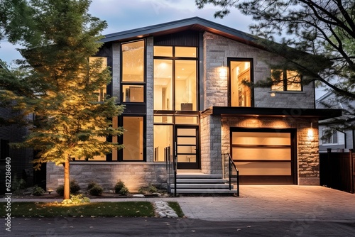 Cutting-Edge Architecture and Natural Stone Cladding: A Tour of a Stunning New Residence with Light Green Siding and Single Car Garage, generative AI