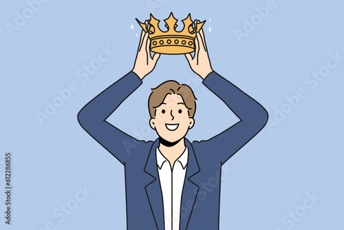 Smiling businesswoman put golden crown on head. Happy male employee coronated. Royalty and leadership. Vector illustration. 