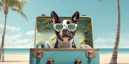 Boston Terrier's Beach Adventure: Opened Suitcase and Stylish Sunglasses - travel and holiday concept. Generative AI © Bartek