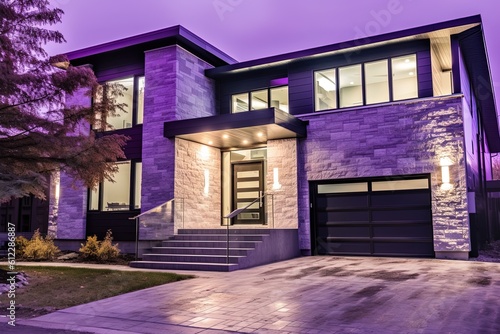 Cutting-Edge Architecture Propels Imposing New Residence with Impressive Purple Siding and Natural Stone Cladding, Boasts Single Car Garage, generative AI
