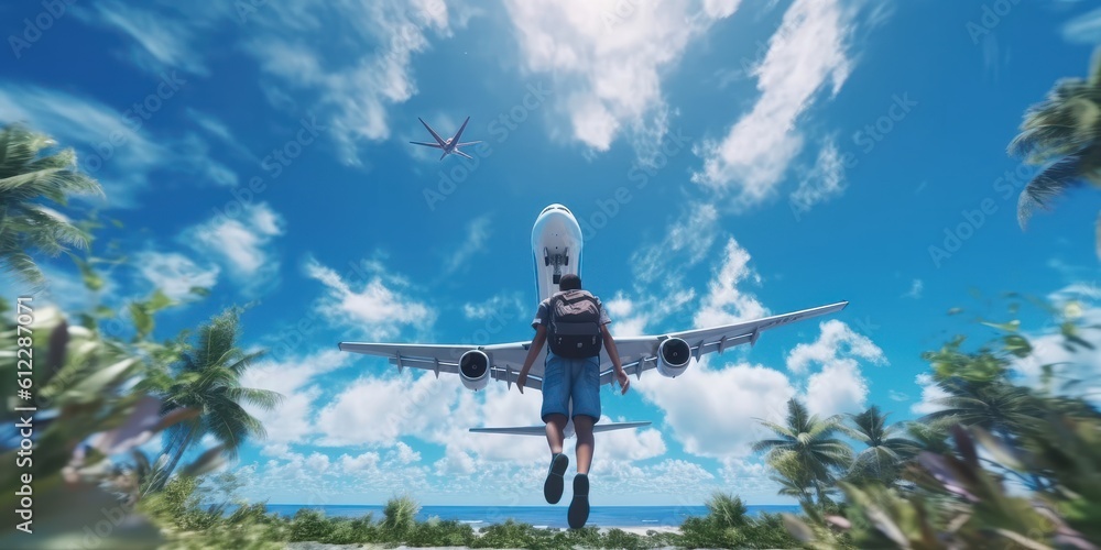 Traveller Standing In Front Of  Air Plane, Travel Around the World Blue Sky Background. Generative Ai