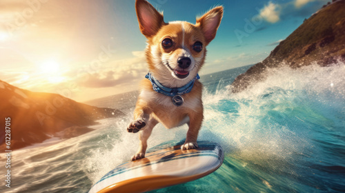 Surfing Pawsitivity: Close-Up of a Funny Chihuahua Dog on the Waves - Generative AI © Bartek