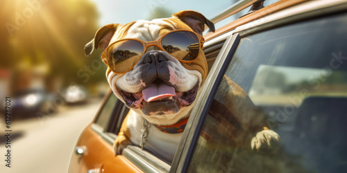 Road Trip Delight: Bulldog Dog in Sunglasses and Leash Explores Summer Adventures - Generative AI © Bartek