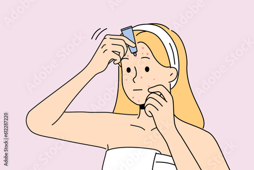 Woman in bathrobe apply cream on pimples on face. Unhappy girl treat redness struggle with facial problems. Skincare and beauty. Vector illustration. 