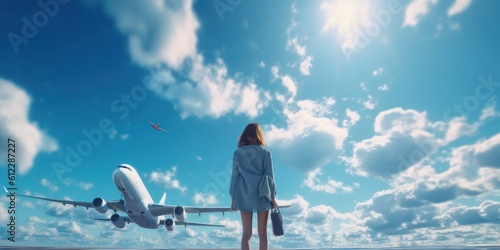 Traveller Standing In Front Of Air Plane, Travel Around the World Blue Sky Background. Generative Ai