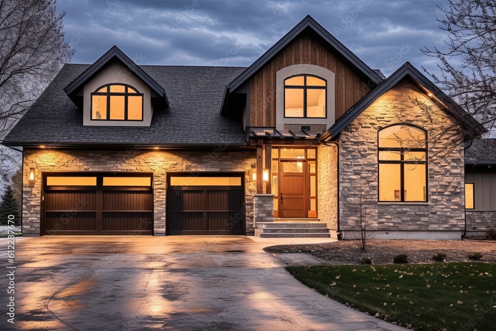 Contemporary Flair: Impressive New Build with 4-Car Garage, Light Gray Siding, and Stunning Natural Stone Features, generative AI Contemporary Flair: Impressive New Build with 4-Car Garage, Light Gray Siding, and Stunning Natural Stone Features, generative AI