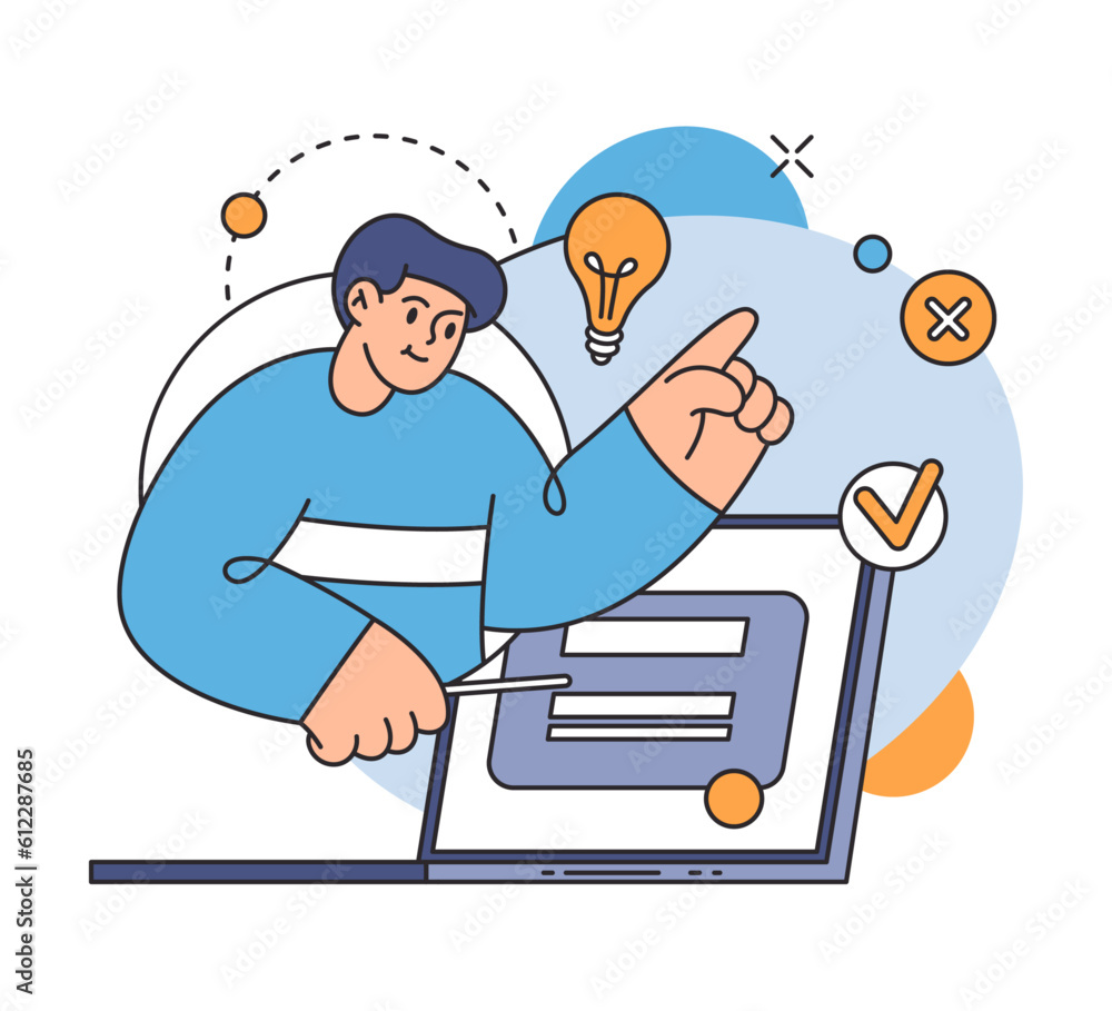 User doing online search of data, open laptop and information check. Web analysis and CEO concept. Analyzing on site, new ideas flat cartoon vector illustration