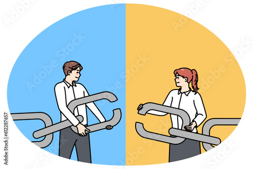 Businesspeople hold chain with missing link find solution together. Man and woman employee solve business problem together. Teamwork and cooperation concept. Vector illustration.