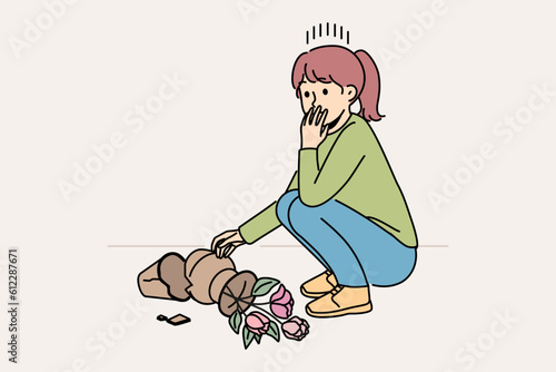 Little girl break flowerpot feeling distressed and emotional. Small child stressed with broken flower pot. Childhood problem. Vector illustration. 
