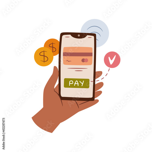 Hand holding mobile phone with mobile application, game with pay button, flat cartoon vector illustration. Payment or debit card, digital smartphone with wallet