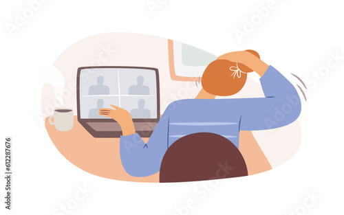 Yoga exercises at workplace, woman stretching head. Yoga exercises at workplace, stretching at home near computer table. Vector business woman has rest and doing stretch exercises, cartoon character