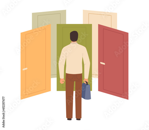 Choosing right door. Life choice concept, puzzled man thinks, big dilemma, difficult ways, vector flat cartoon illustration. Confusing businessman character making right and wrong decision