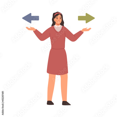 Confused woman makes a choice. Difficult choice between two options. Making decision, thoughtful lady in flat cartoon style. Unsure pensive character, doubtful person