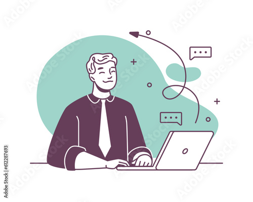 Helpline customer service call center worker with laptop, cooperation and growth. Vector illustration of man typing on laptop, operator agent character, hotline assistant representative