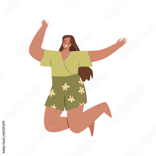 Fat overweight woman jumping of joy, laughing and smiling flat cartoon character. Vector illustration of happy lady celebrating achievement, free excited girl at party isolated on white