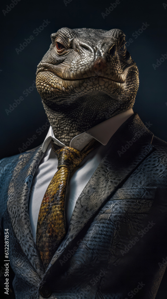 Komodo dragon dressed in an elegant suit with a nice tie. Fashion portrait of an anthropomorphic animal, shooted in a charismatic human attitude - Generative AI Komodo dragon dressed in an elegant suit with a nice tie. Fashion portrait of an anthropomorphic animal, shooted in a charismatic human attitude - Generative AI