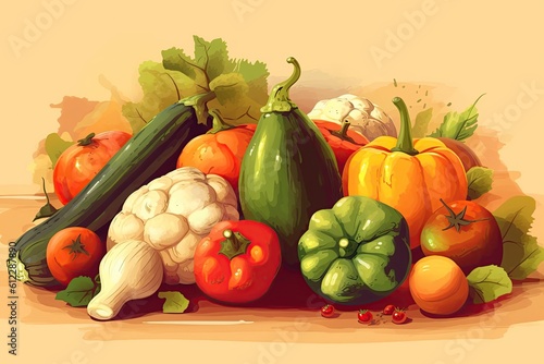 A collection of hand-drawn fresh vegetables on an isolated background. The harvested crop. Generative AI illustration.