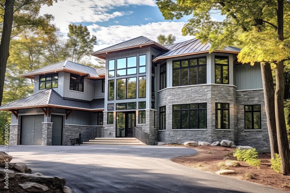 Contemporary Flair: Impressive New Build with Four-Car Garage, Light Green Siding, and Natural Stone Features, generative AI