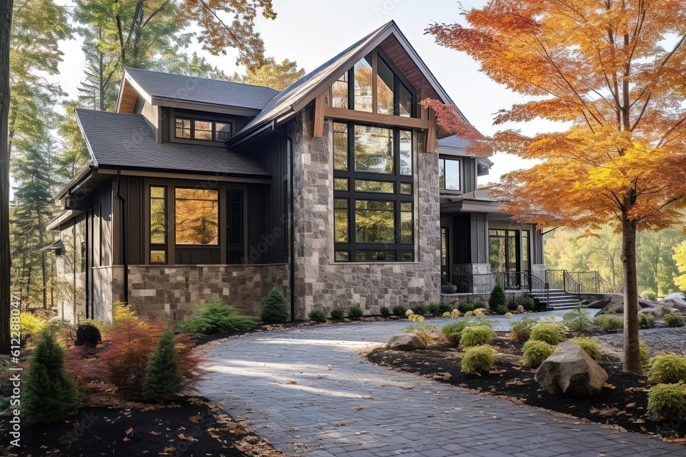 Contemporary Flair: Impressive New Build House with Four-Car Garage, Green Siding, and Eye-Catching Natural Stone Features, generative AI
